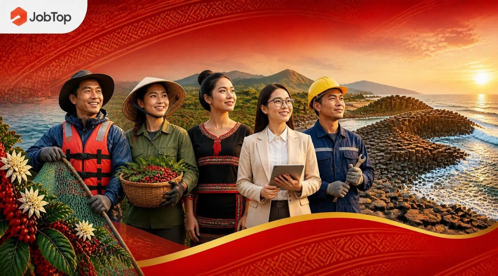 JobTop — Người lao động Đắk Lắk: ngư dân, người hái cà phê, cô gái Ê Đê, nhân viên văn phòng và kỹ sư, phía sau là cao nguyên và biển.